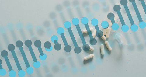DNA Strand Over Pills Indicating Healthcare and Medical Research