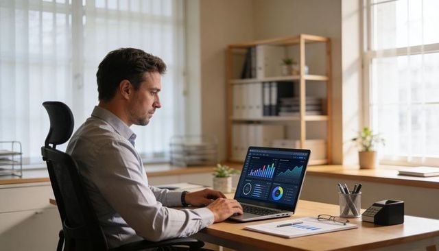 Business analyst reviewing dashboards on laptop with charts and graphs at modern desk