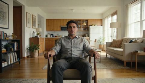 Thoughtful man sitting in midcentury living room on wooden armchair, modern home interior