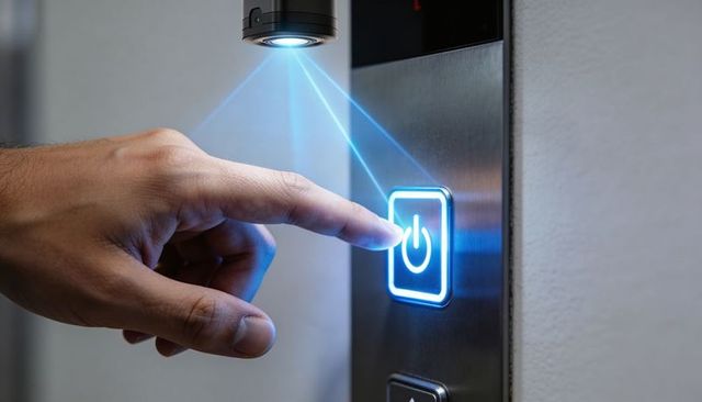 Futuristic hand pressing holographic power button with blue sensor beams on metal panel