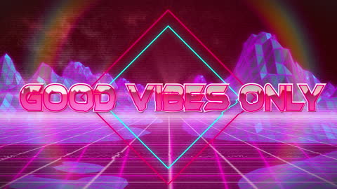 Retro Futuristic Good Vibes Only Neon Grid with Digital Mountains