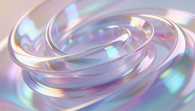 Iridescent glass spiral rings reflecting pastel light on minimalist sculptural surface
