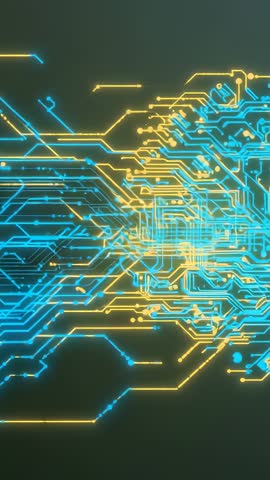 Vertical neon circuit loop pulsing and weaving blue and gold data streams