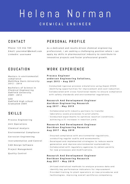 This professional resume template for a chemical engineer enhances job and academic applications with its well-structured, clean design. It features sections for contact information, career objectives, work experience, education, and skills. This template is suitable for professionals in chemical engineering looking to present their qualifications in a polished and organized manner. It can be used for job applications, academic pursuits, and professional networking.