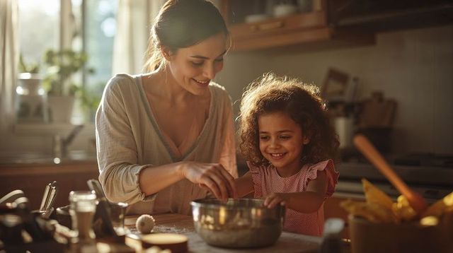 Mother and daughter baking together in sunlit kitchen, cozy family moment mixing dough