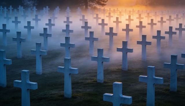 Rows of white crosses receding through morning mist and sunrise glow at military cemetery