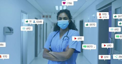 Confident Nurse Standing in Hospital Corridor with Social Media Icons