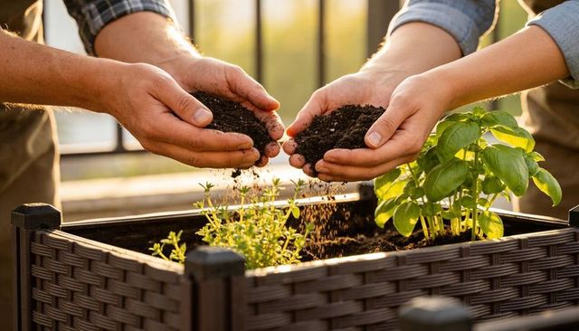 Nurturing urban herb garden together planting basil and soil into balcony planter