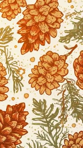 Vertical panning over warm pinecone wallpaper pattern with evergreen sprigs and textured dots