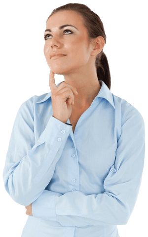 Thinking Businesswoman in Blue Shirt Looking Upwards Transparent Background - Download Free Stock Videos Pikwizard.com