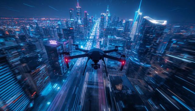 Futuristic Drone Over Neon Cityscape at Night