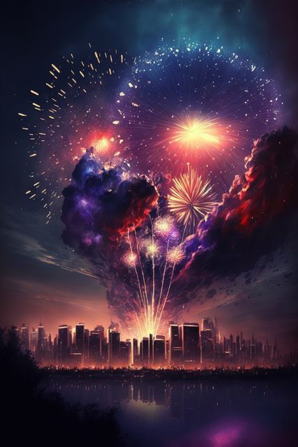 Multi coloured fireworks exploding over cityscape, created using generative ai technology. Fireworks, new year's eve and celebration concept digitally generated image.