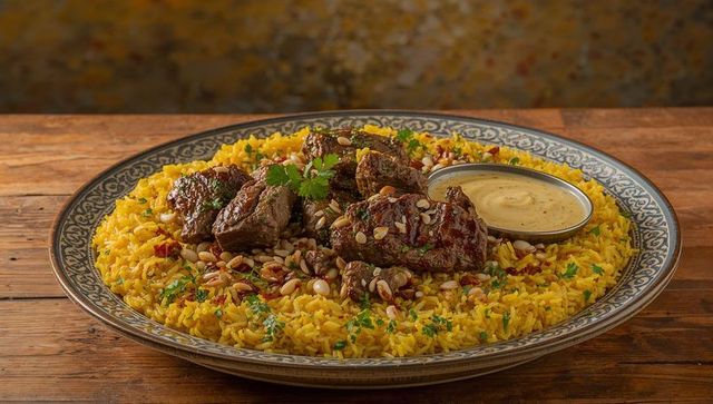 Saffron rice with braised beef, pine nuts and creamy dipping sauce on ornate platter