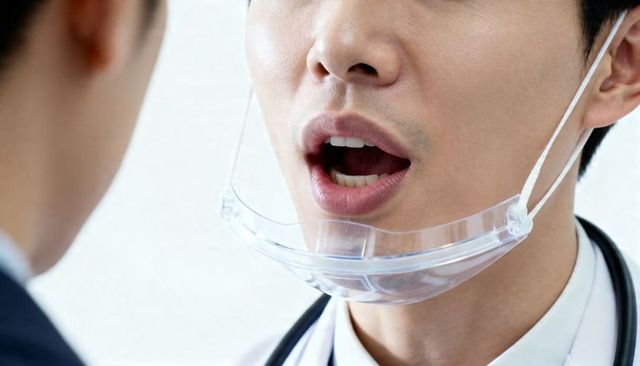 Asian doctor speaking while wearing clear chin guard and stethoscope during consultation