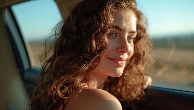 Smiling woman looking back from car window during golden hour countryside drive