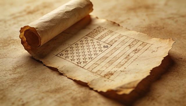 Vintage parchment with 50-star American flag sketch, rolled scroll, burnt edges, rustic sepia