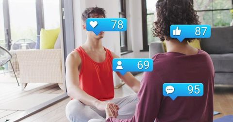 Couple practicing partner meditation and mindfulness at home with social media engagement icons