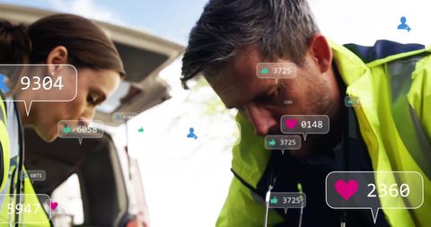 Paramedics providing emergency care amidst social media icon overlay