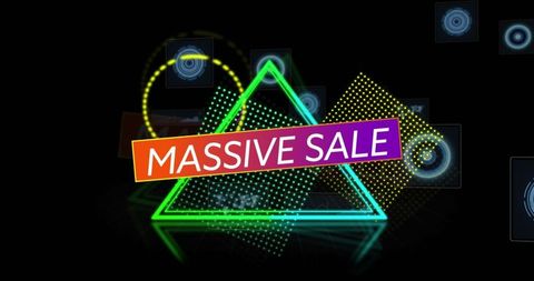 Vibrant neon massive sale advertising banner with geometric shapes