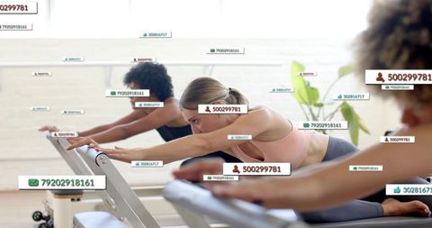 Pilates reformer class stretching with floating data tags and digital id overlays