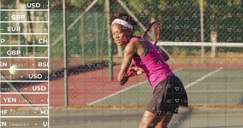 Tennis Player Confidently Competes Amid Financial Graphs Overlay Effect