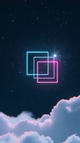 Looping pulsing neon cyan pink squares hovering over clouds and starfield for vertical loop