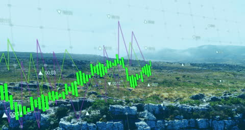 Animated Financial Data Overlay on Mountain Scenery