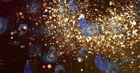 Glowing Golden Data Cloud Drifting Across Futuristic Digital Interface With Bokeh Orbs