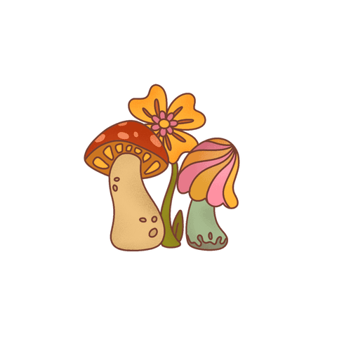 Cartoon mushrooms and flower illustration on transparent background