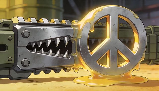 Dripping golden viscous liquid coating metal peace emblem and serrated rail mechanism