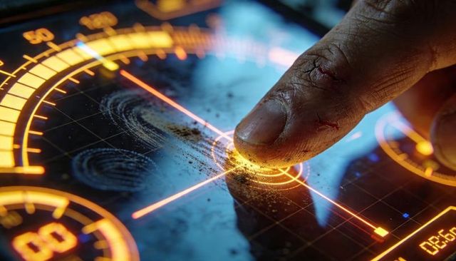 Dirty finger touching futuristic holographic control interface with orange hud crosshair