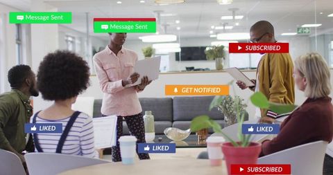Multiracial Team Presenting in Modern Office Lounge with Social Media Notifications
