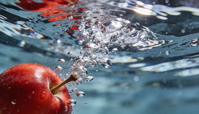 Red apple floating underwater releasing column of bubbles with sparkling ripples