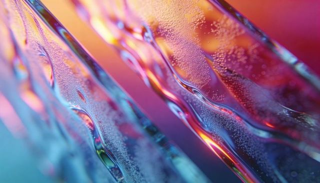 Iridescent glass ribbons refracting colorful light with water droplets macro abstract