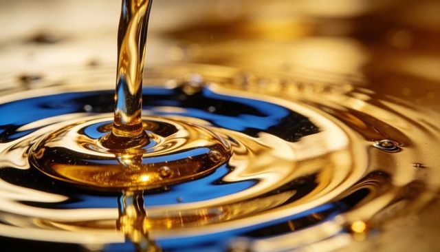 Pouring golden liquid forming concentric ripples with vivid blue reflections