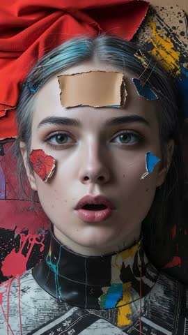 Vertical video showing model reacting with surprise in mixed-media portrait with torn-paper shards
