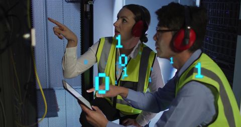 Technicians in high-visibility vests and ear protection are collaborating on tasks using a tablet in a server room. Digital overlay suggests real-time data processing and technology integration. This image is useful for illustrating topics related to teamwork in technology, IT infrastructure management, and digital transformation in the workplace.