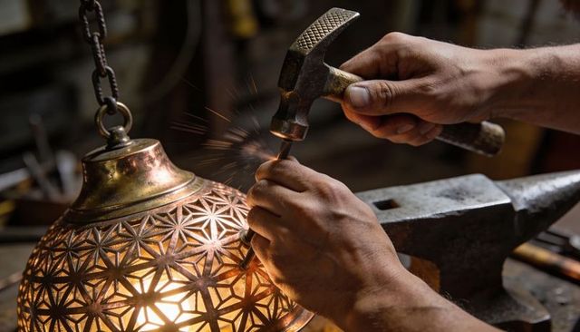 Artisan hammering intricate copper lamp shade, metalwork craftsmanship with sparks