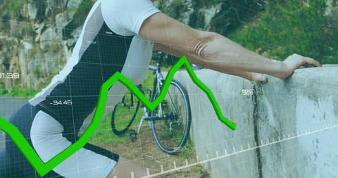 Cyclist Stretching with Dynamic Financial Data Overlay