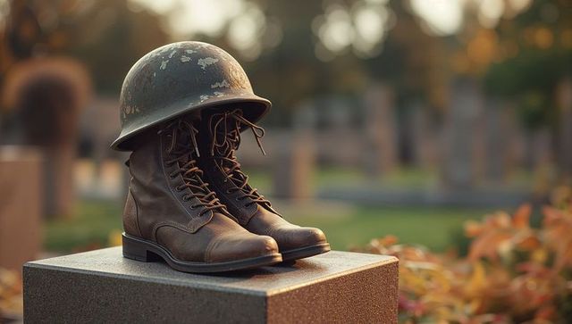 Solemn military tribute with helmet and boots on memorial pedestal