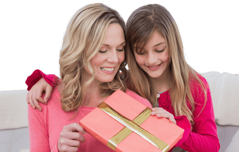 Smiling Mother Daughter Gift Celebration on Transparent Background