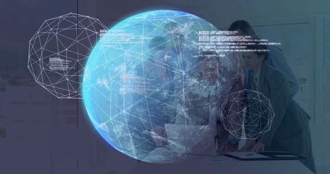 Business team analyzing holographic data globe with network wireframe and code overlay