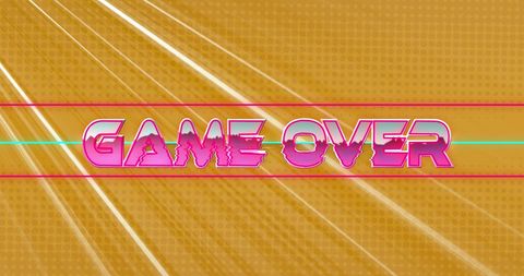 Retro game over screen with neon pink text and light streaks