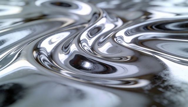 Shimmering liquid chrome swirl macro abstract metallic surface reflective ripples