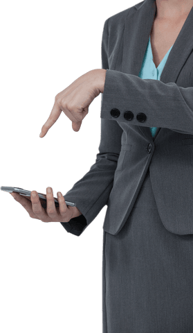 Businesswoman in Grey Suit Pointing at Transparent Smartphone Screen