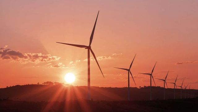 Sunset wind farm showing three-blade turbine silhouetted over rolling hills with sun rays