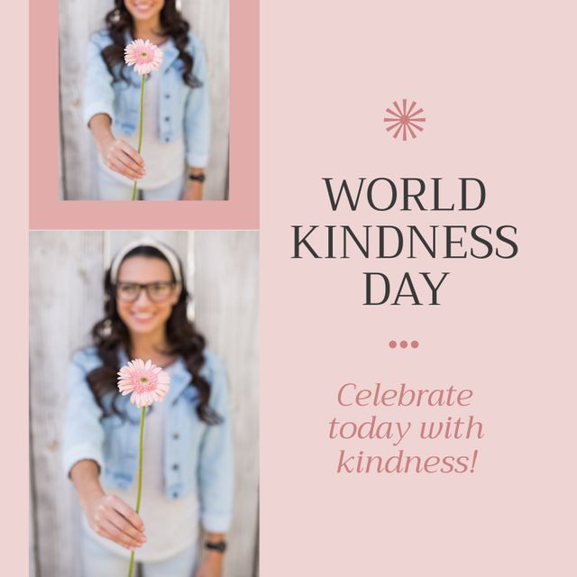Image of world kindness day and blurred caucasian woman with flower. Kindness day, emotions and celebration concept.