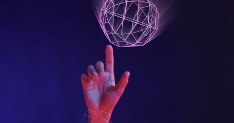 Hand interacting with glowing 3d geometric figures