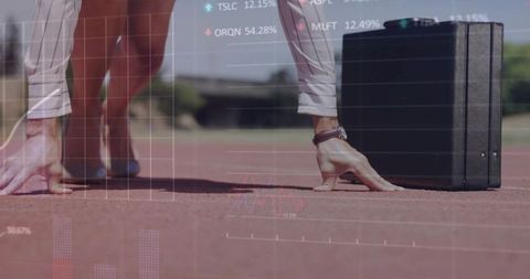 Launching businesswoman starting sprint on track with briefcase and market charts overlay