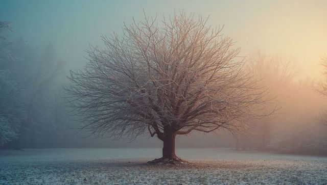 Frost-covered tree in misty winter meadow at sunrise